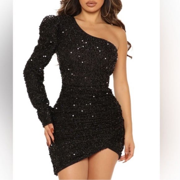Fashion Nova Black Sequin One-Shoulder Mini Dress - Picture 1 of 2